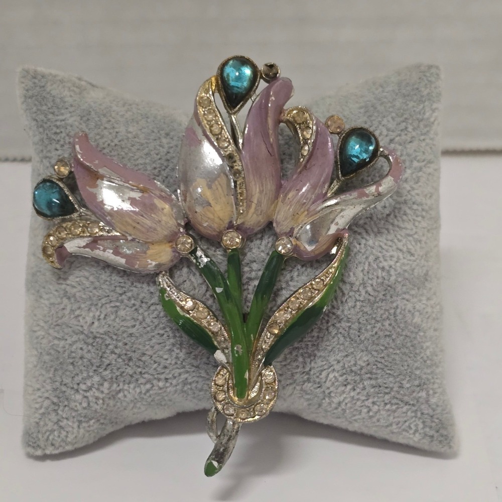 Vintage Fairycore Floral Enamel Tulip Brooch with Rhinestones Teal Blue Lavender